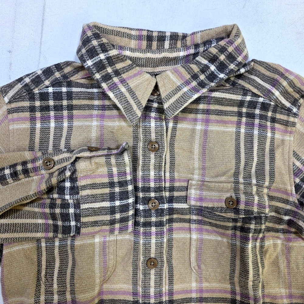 Patagonia Flannel Shirt 2 Tan Purple Plaid Button Down Organic Cotton Worn Wear